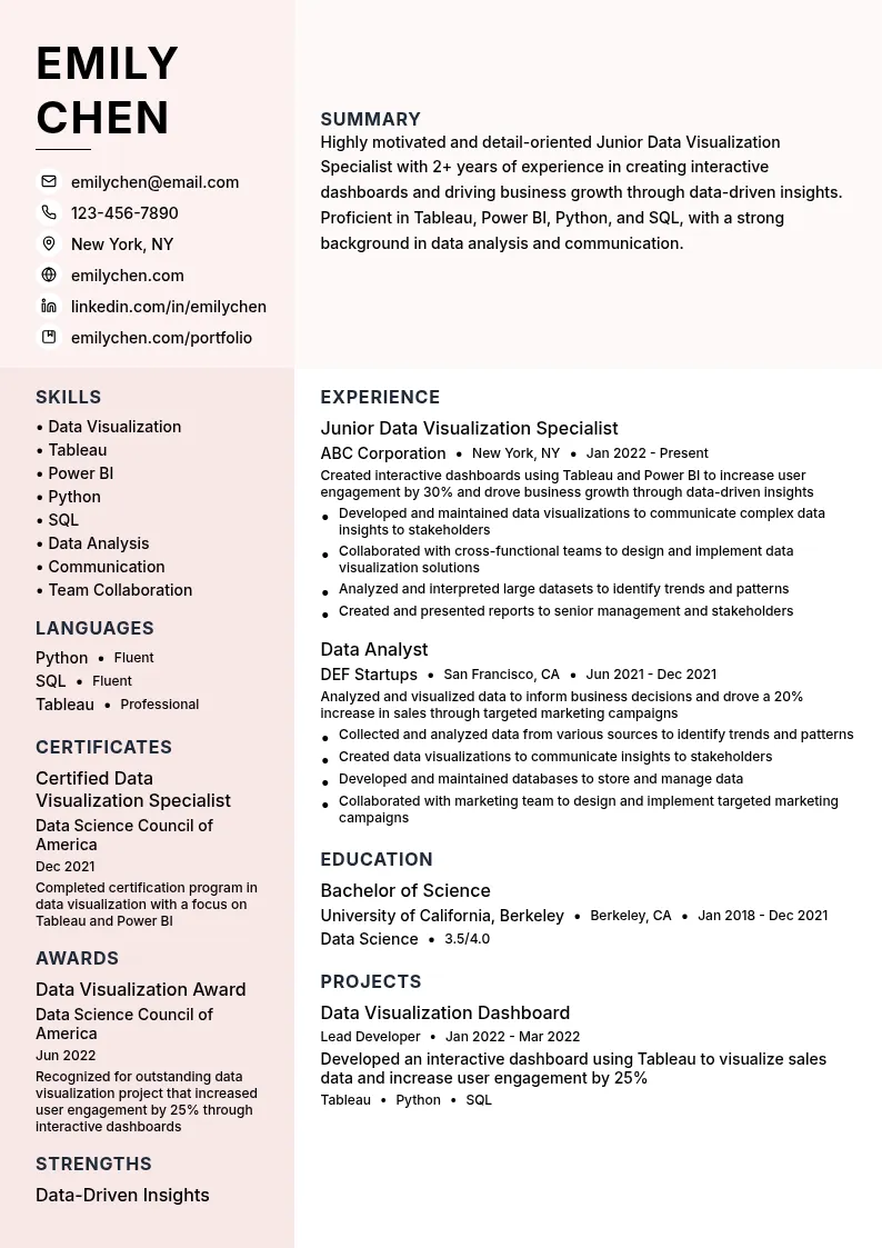 Junior Data Visualization Specialist resume example