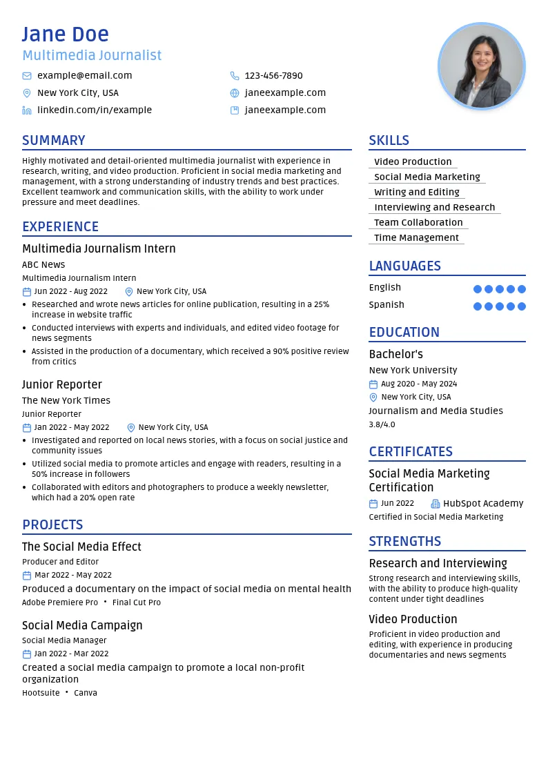 Multimedia Journalism Intern resume example