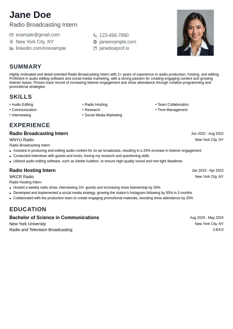 Radio Broadcasting Intern resume example