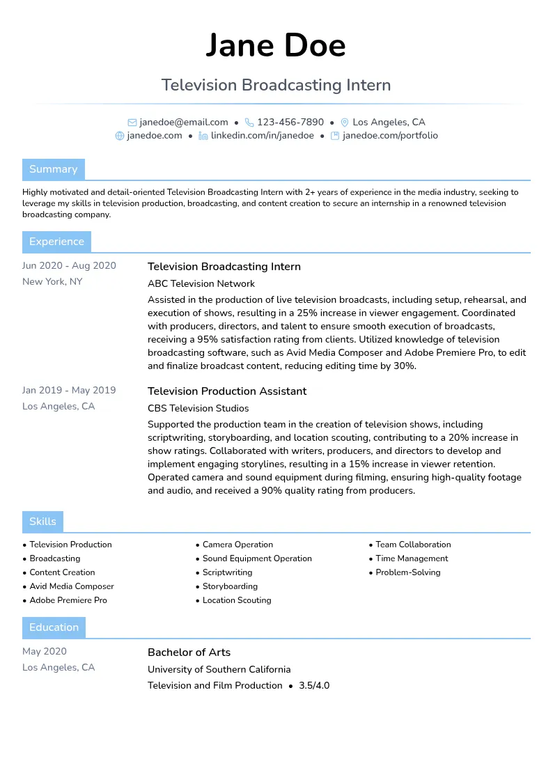 Television Broadcasting Intern resume example