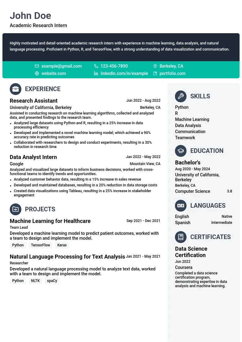 Academic Research Intern resume example