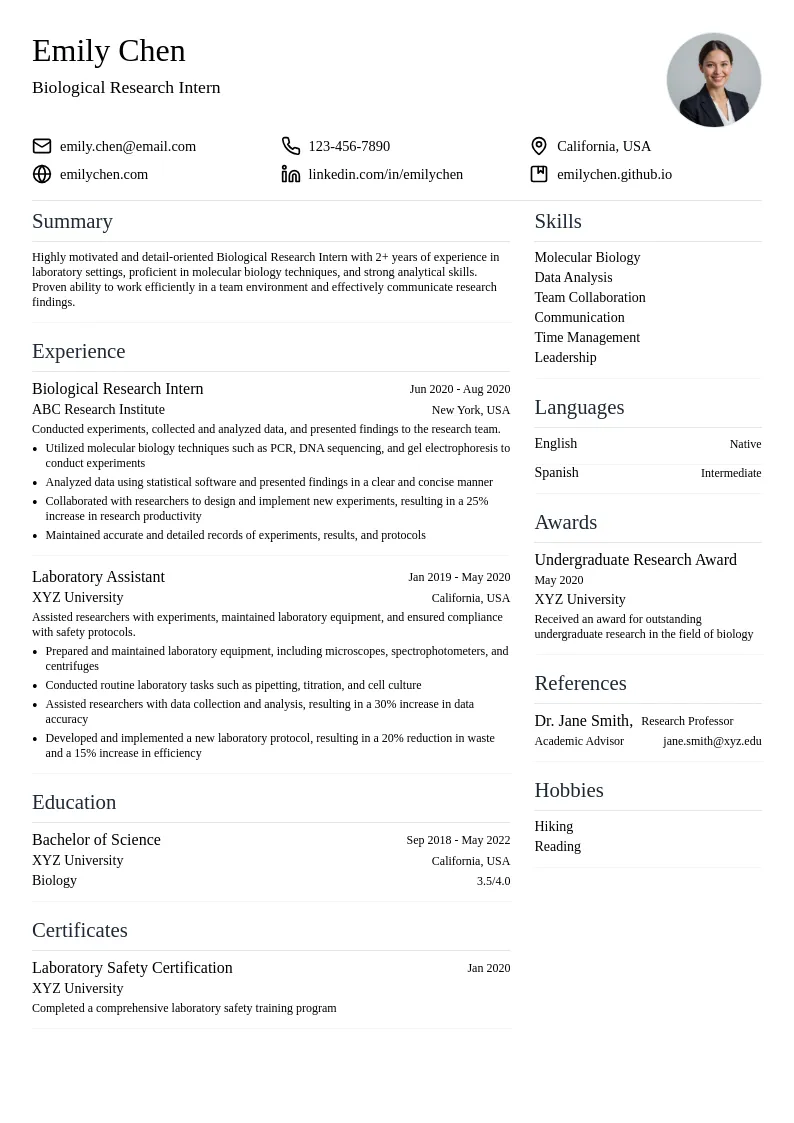 Biological Research Intern resume example