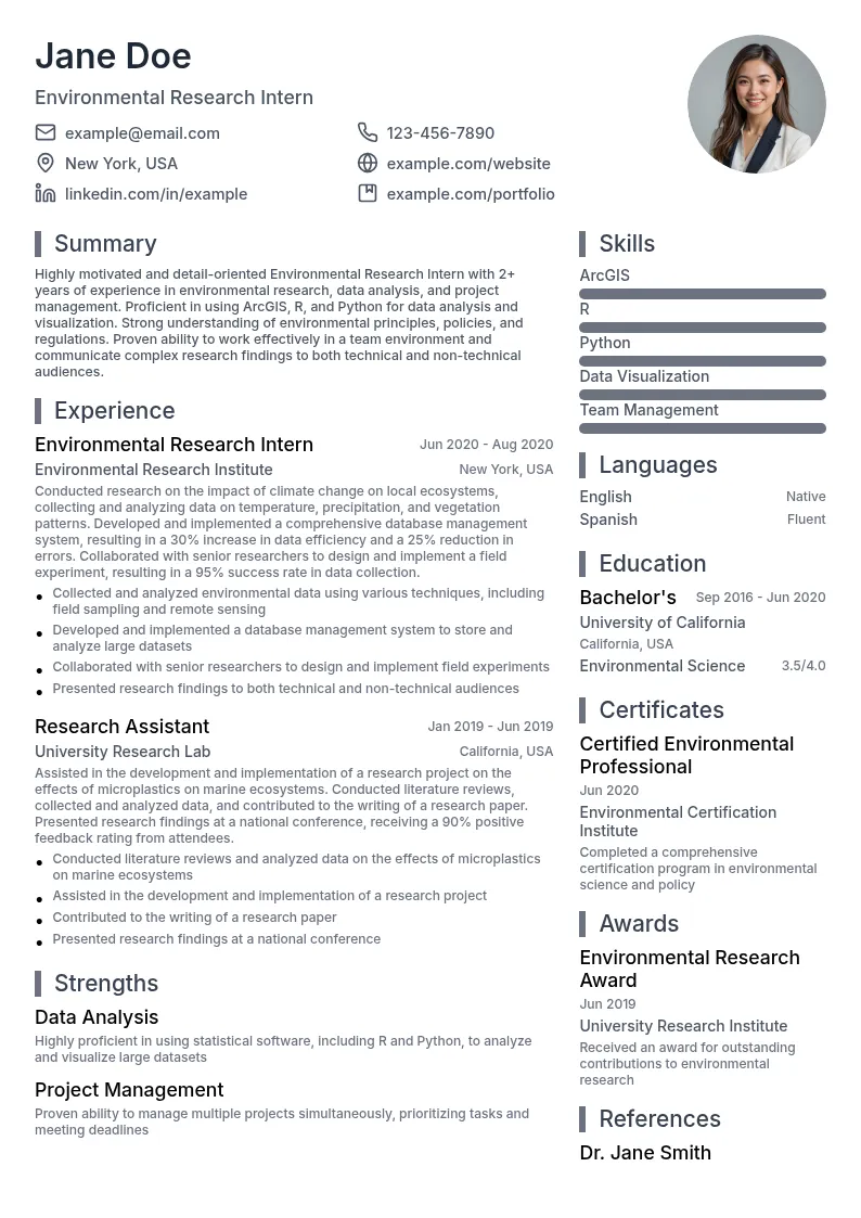 Environmental Research Intern resume example