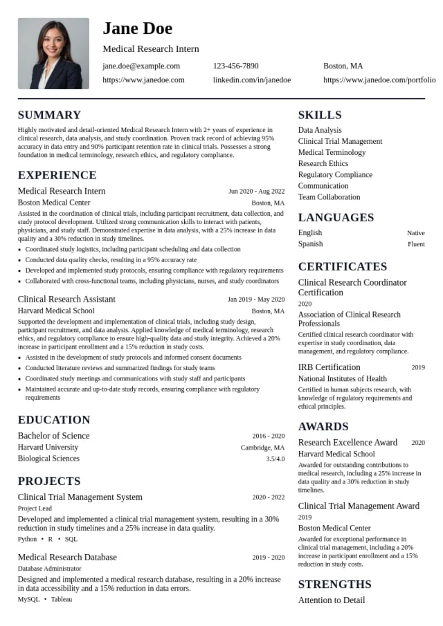 Medical Research Intern resume example