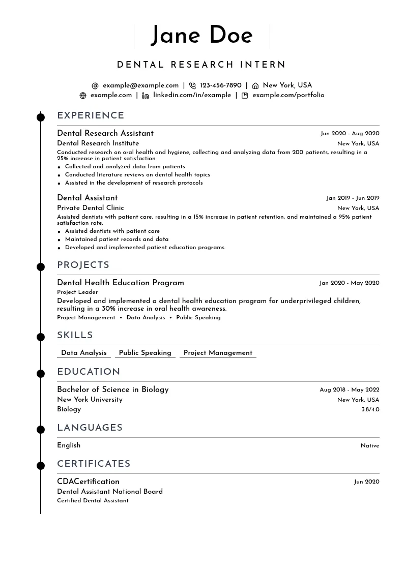 Dental Research Intern resume example