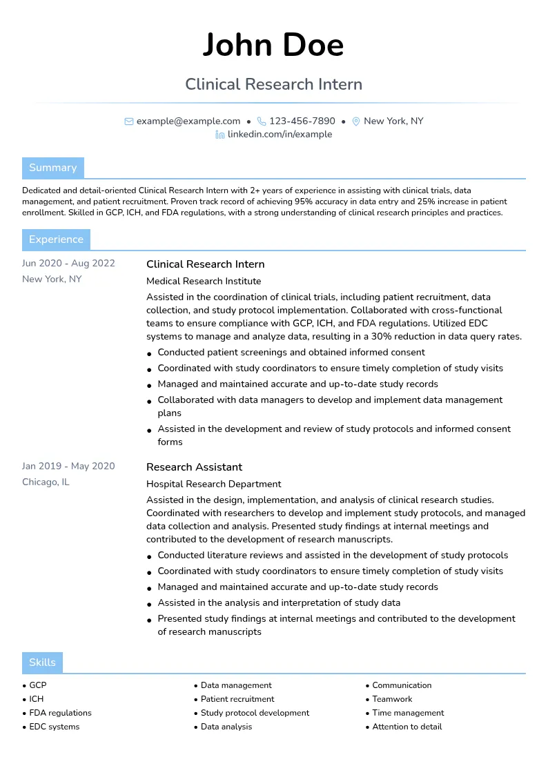 Clinical Research Intern resume example