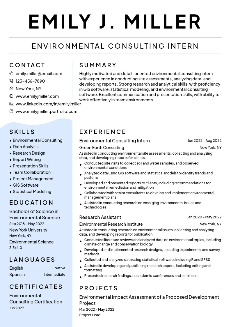 Environmental Consulting Intern resume example
