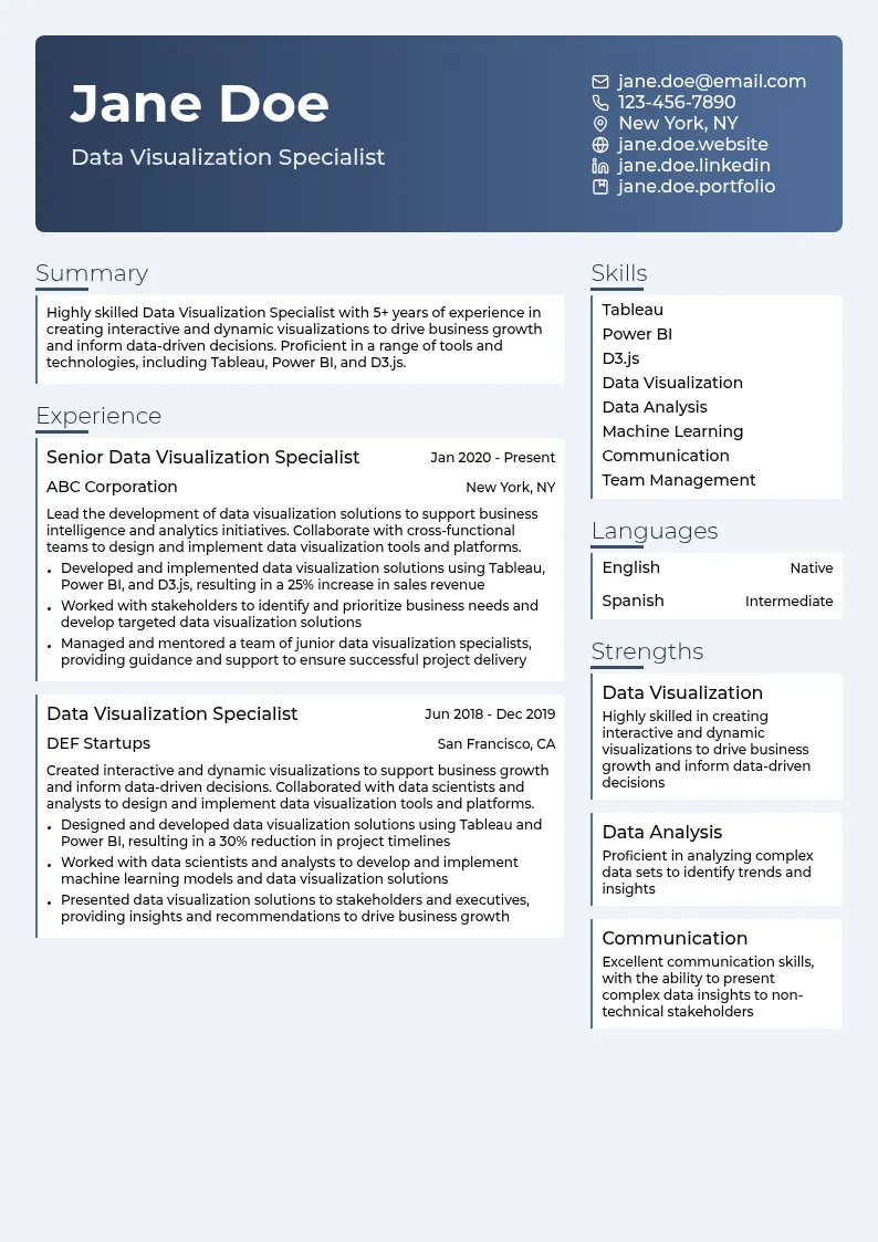 Data Visualization Specialist resume example