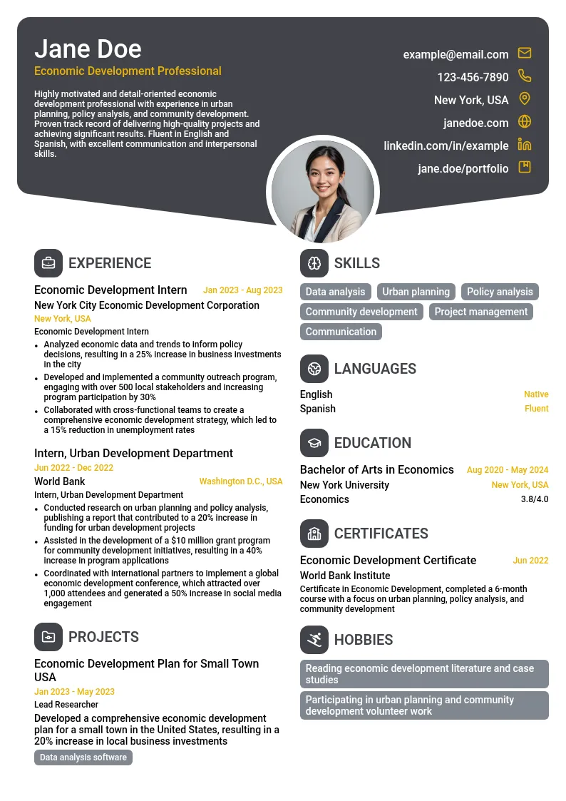 Economic Development Intern resume example