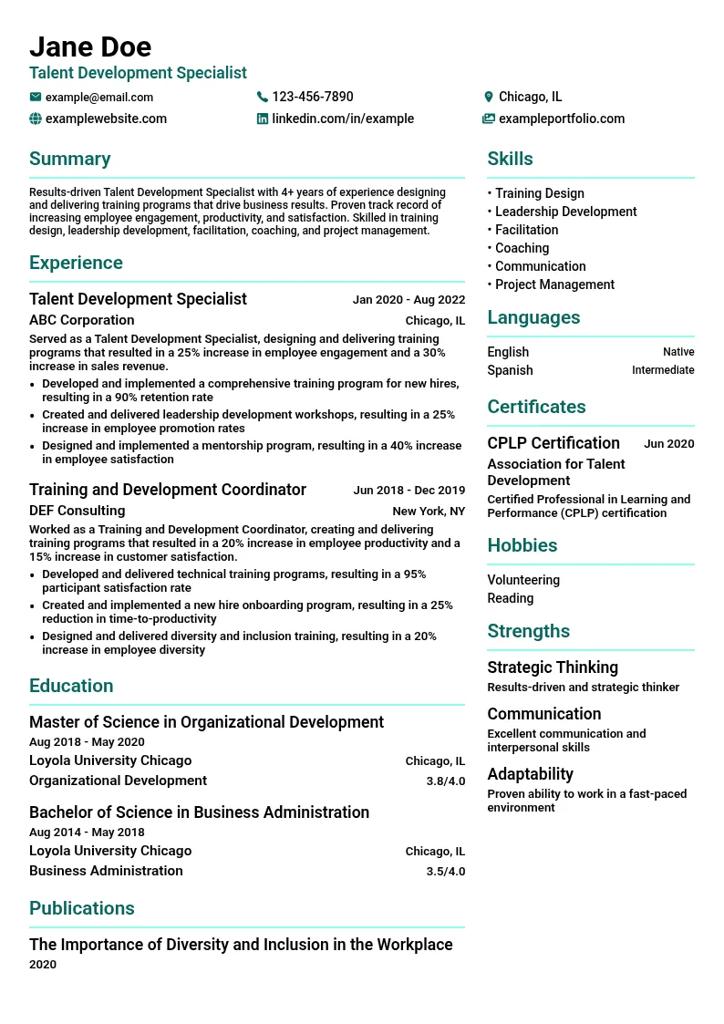 Talent Development resume example