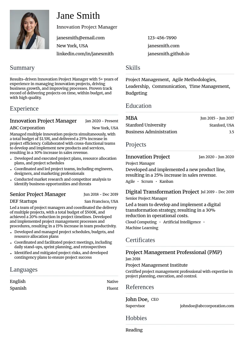 Innovation Project Manager resume example
