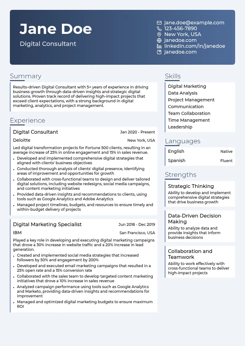 Digital Consultant resume example