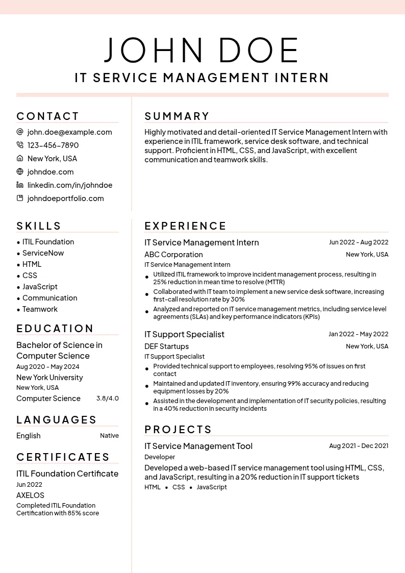 IT Service Management Intern resume example