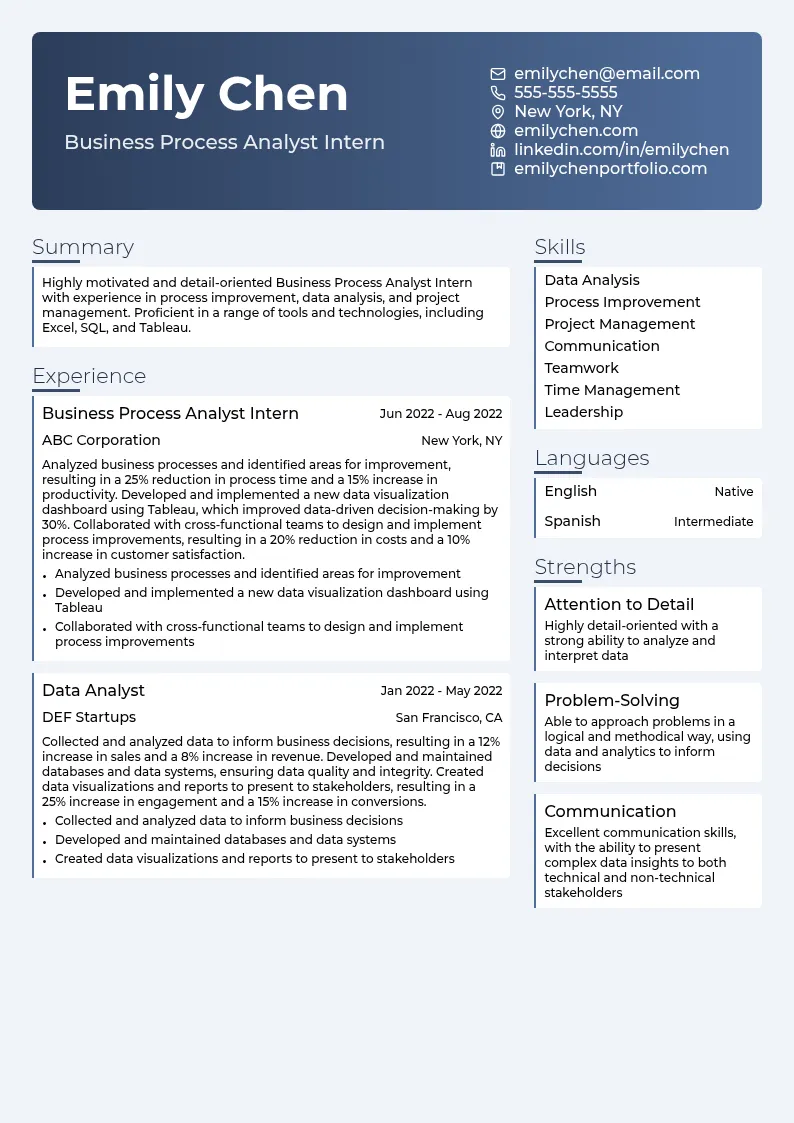 Business Process Analyst Intern resume example