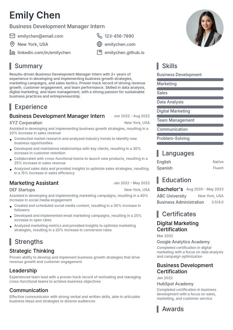 Business Development Manager Intern resume example