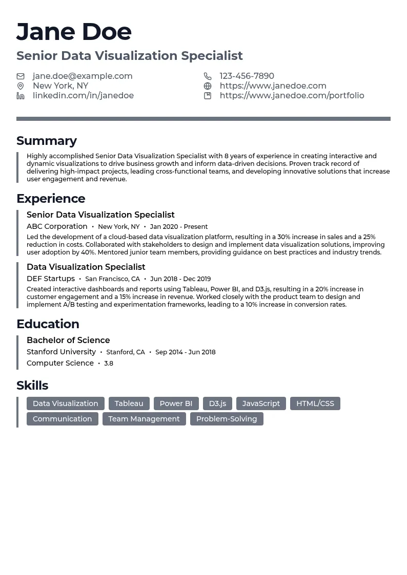 Senior Data Visualization Specialist resume example