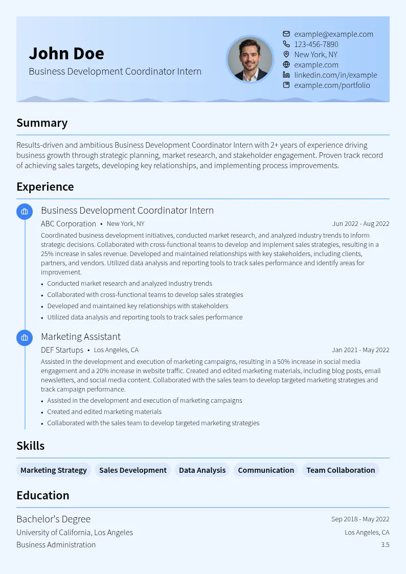 Business Development Coordinator Intern resume example