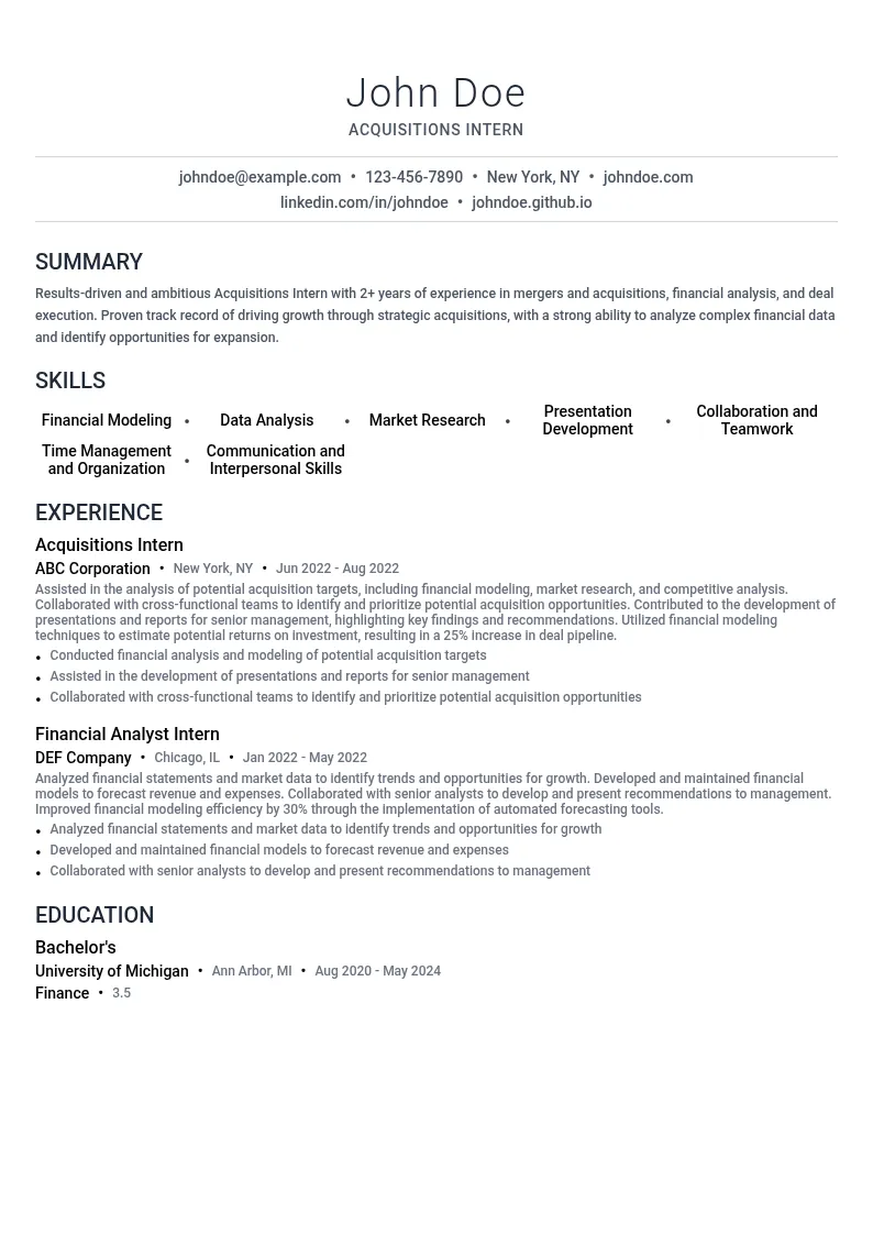 Acquisitions Intern resume example