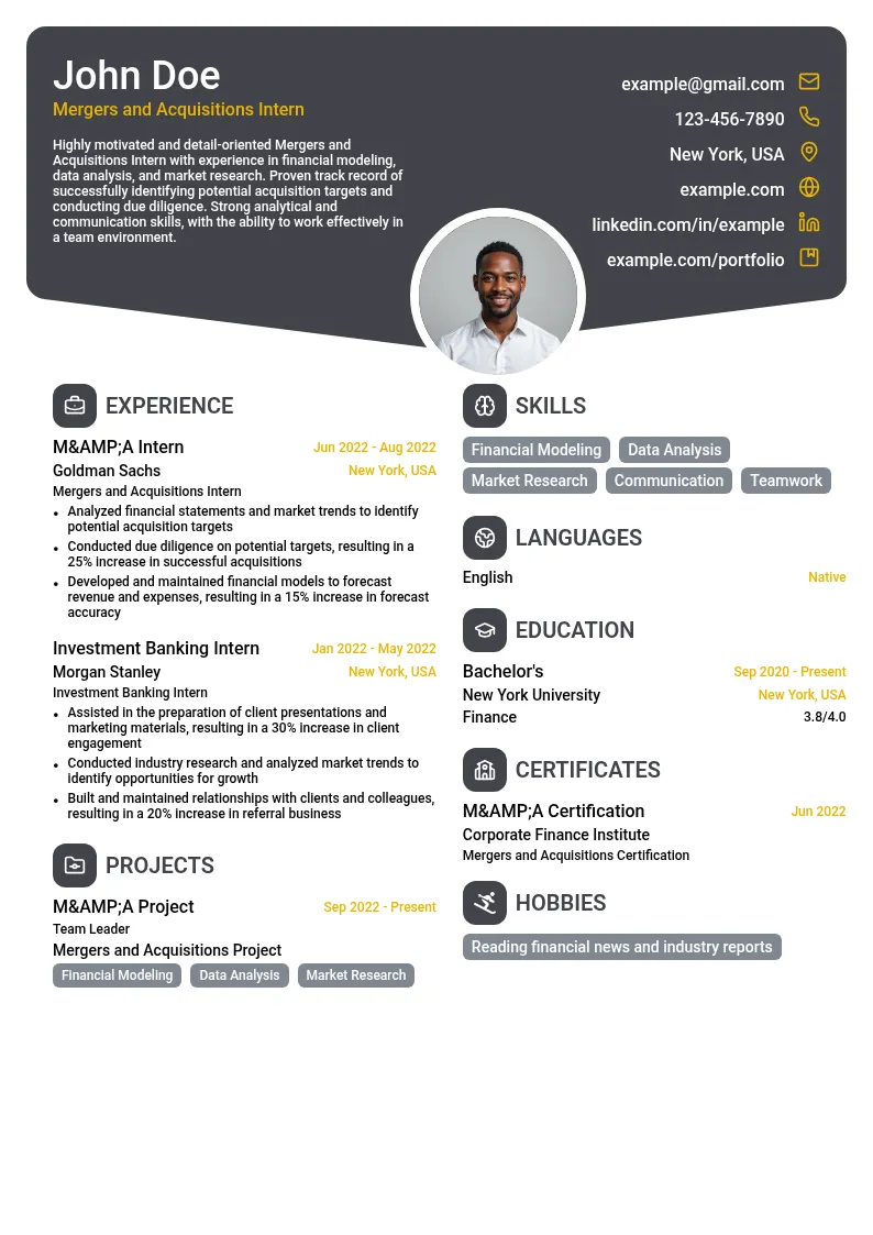 Mergers and Acquisitions Intern resume example