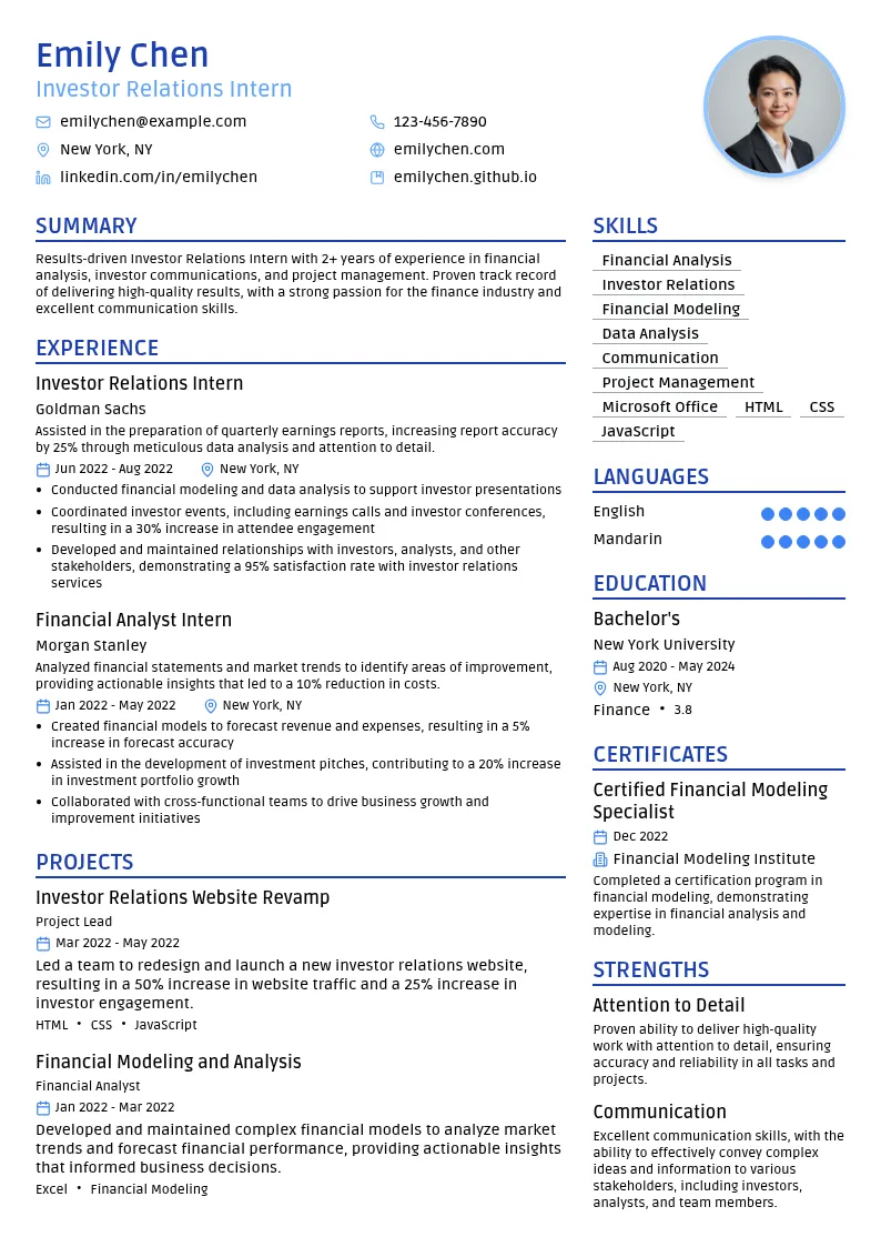 Investor Relations Intern resume example