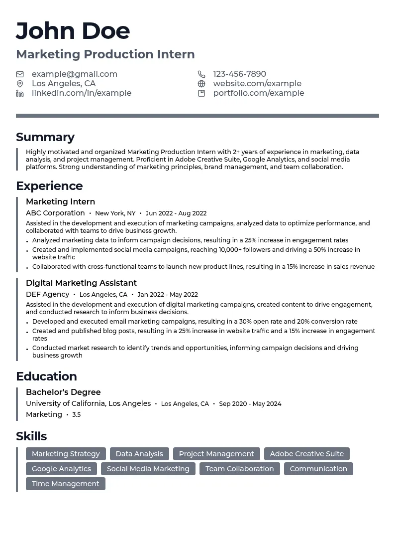 Marketing Production Intern resume example