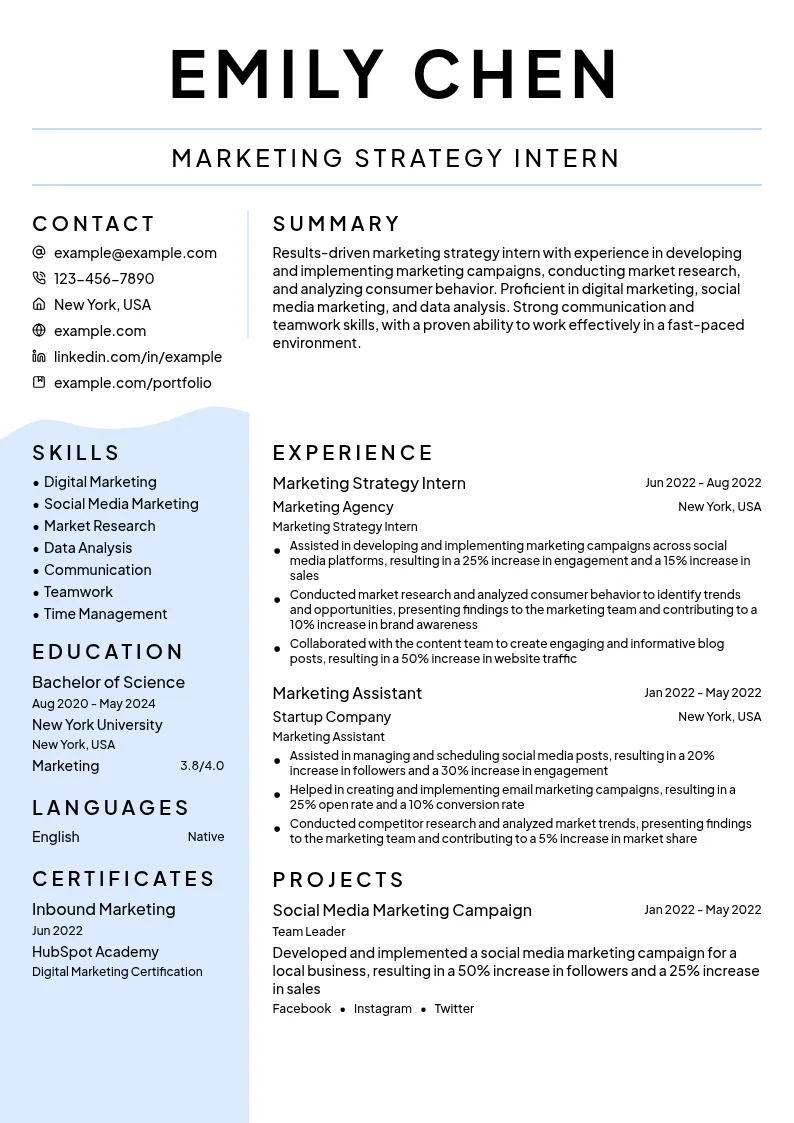 Marketing Strategy Intern resume example