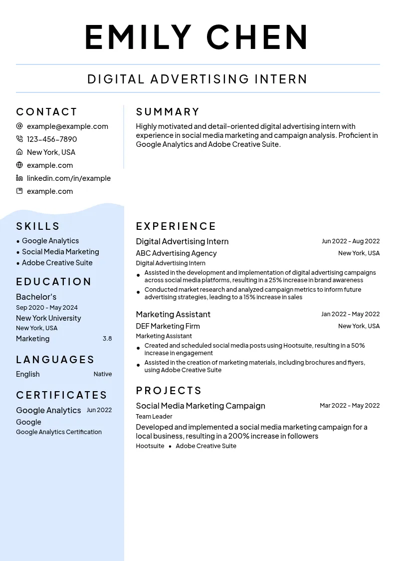 Digital Advertising Intern resume example