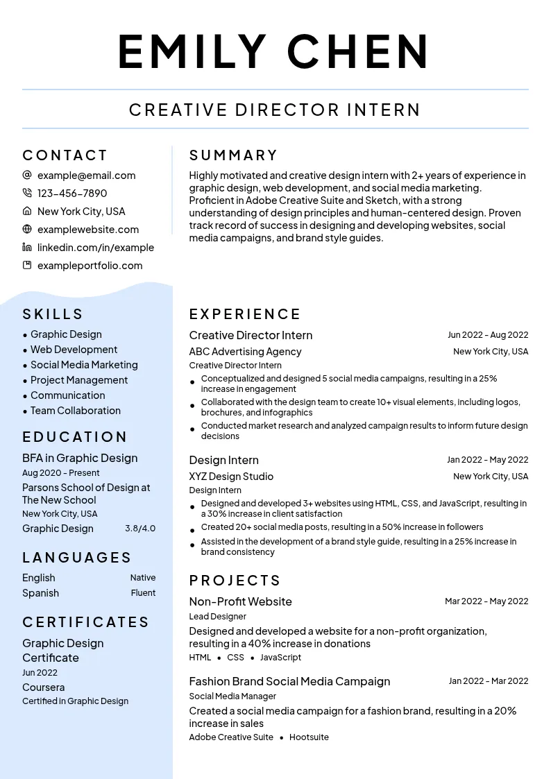 Creative Director Intern resume example