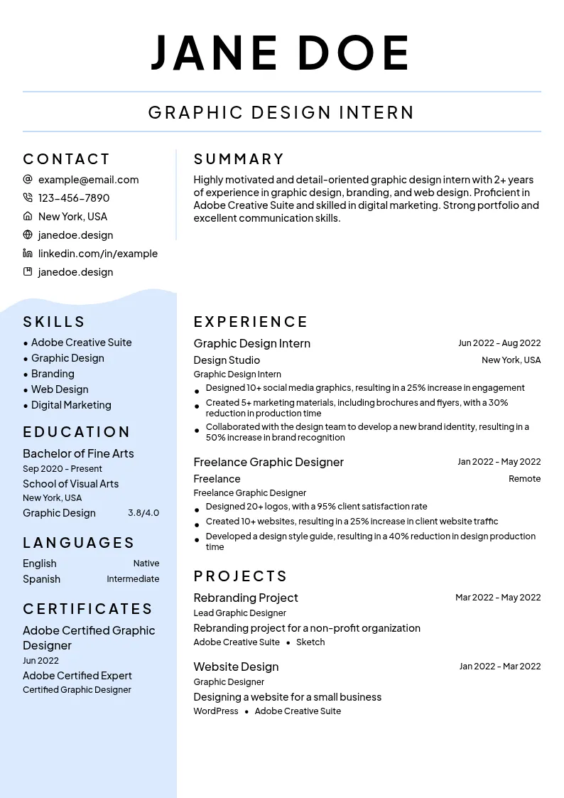 Graphic Design Intern resume example