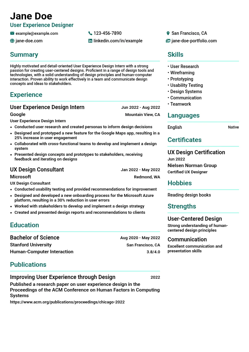 User Experience Design Intern resume example