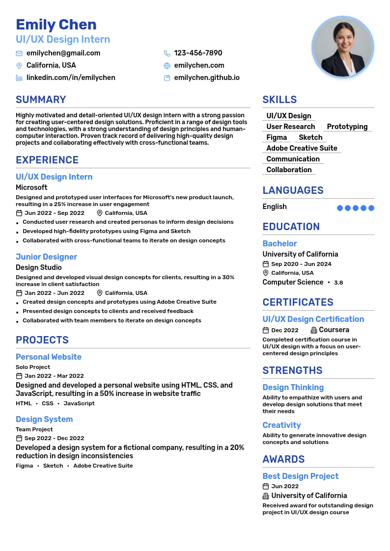 User Interface Design Intern resume example