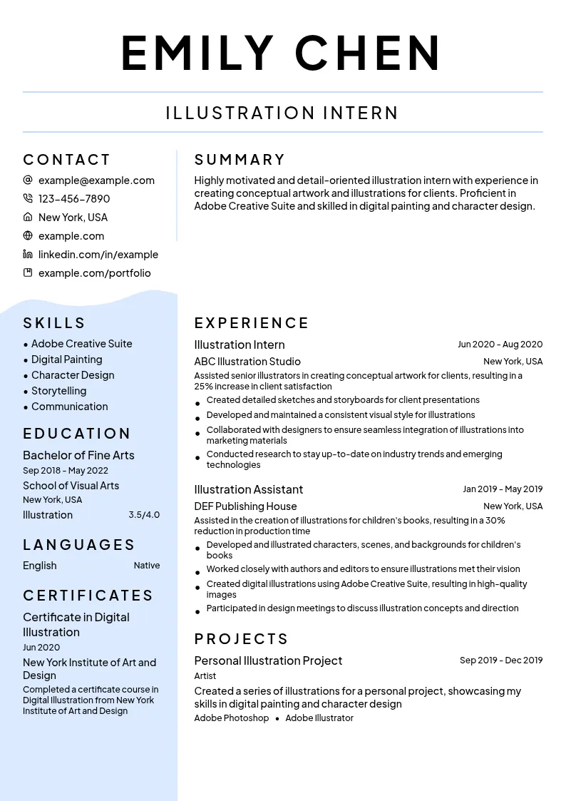 Illustration Intern resume example