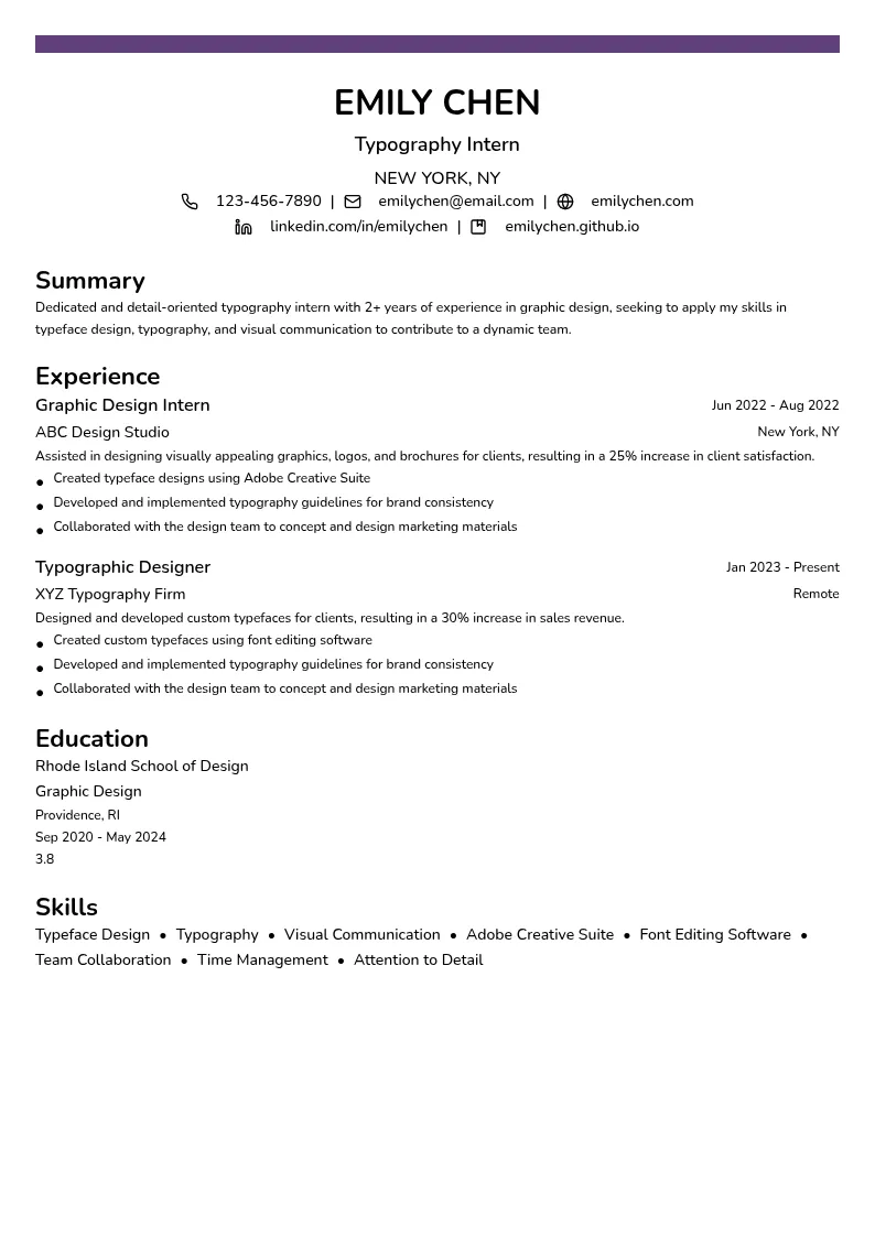 Typography Intern resume example