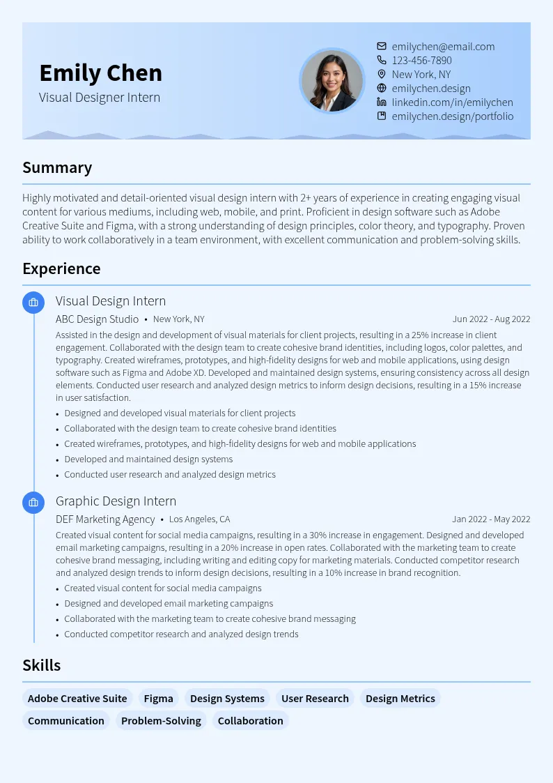 Visual Designer Intern resume example
