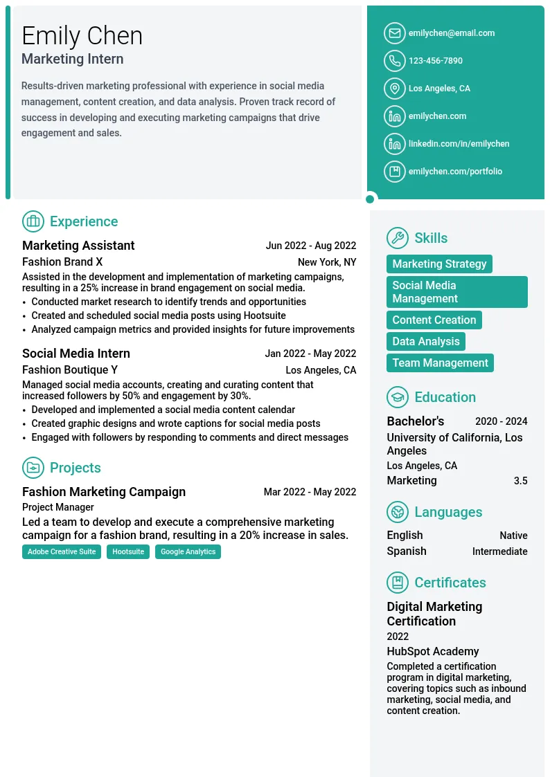 Fashion Marketing Intern resume example
