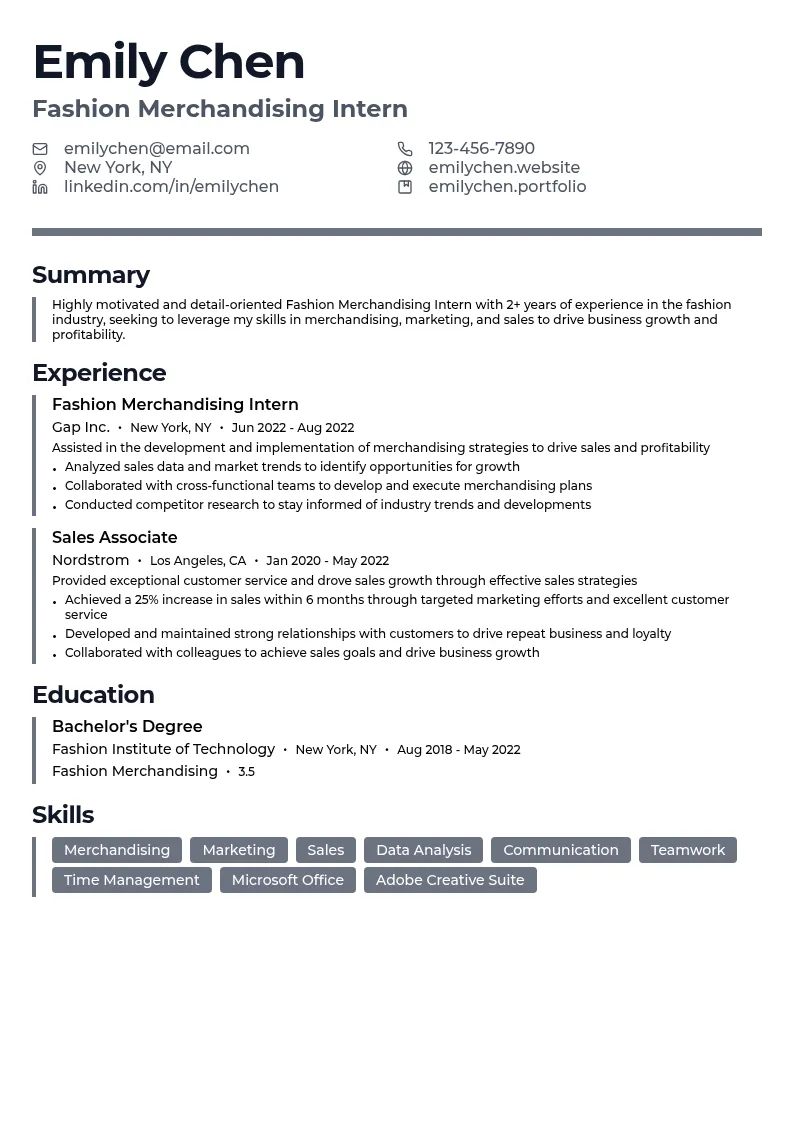 Fashion Merchandising Intern resume example