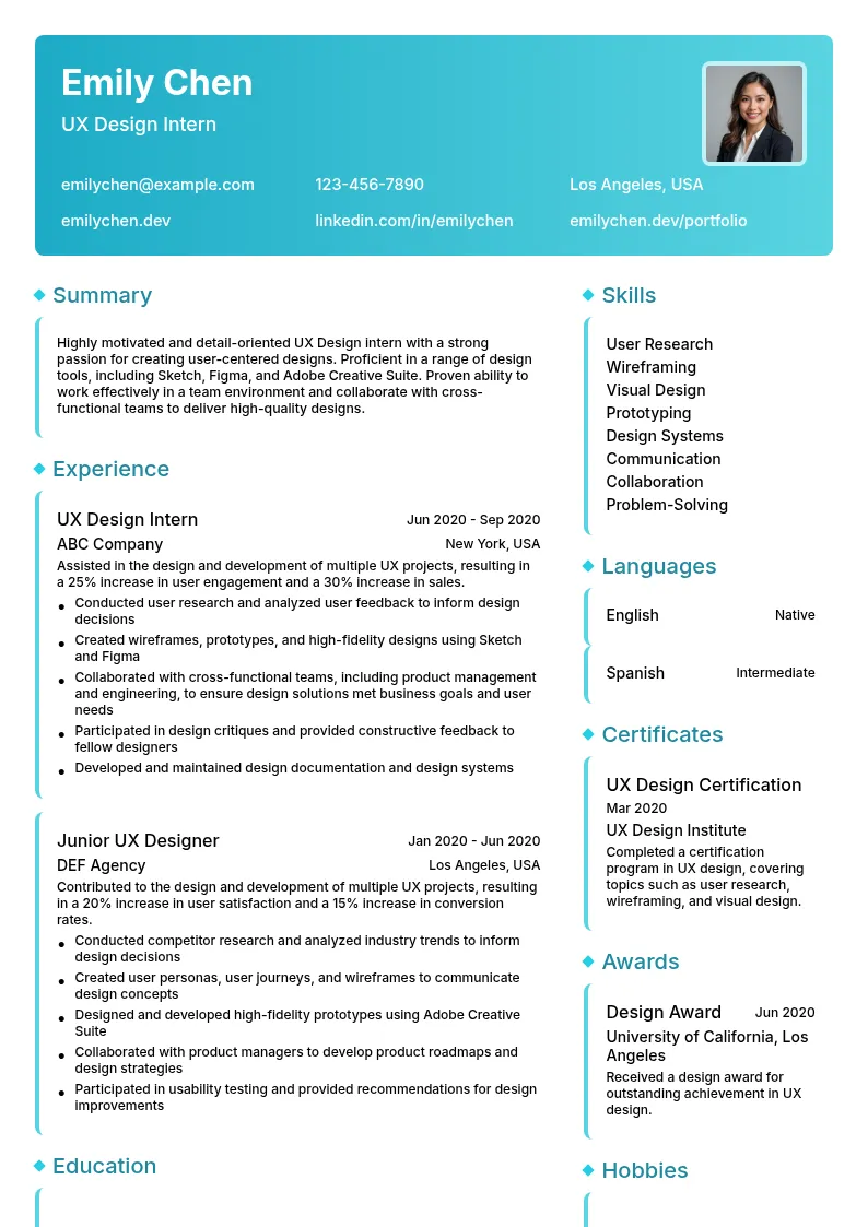 UX Design internship resume example