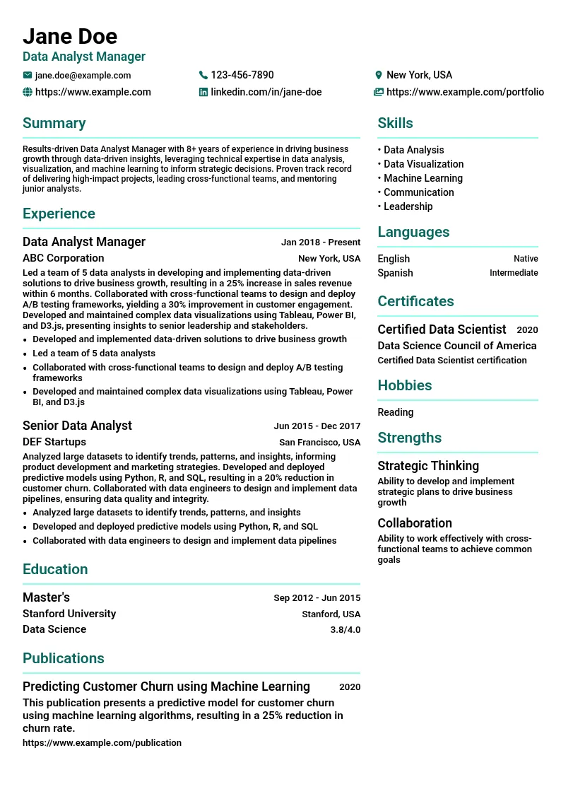 Data Analyst Manager resume example