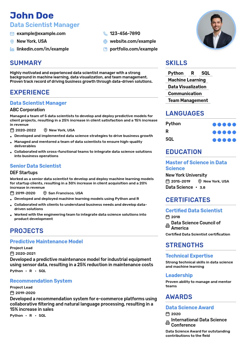 Data Scientist Manager resume example