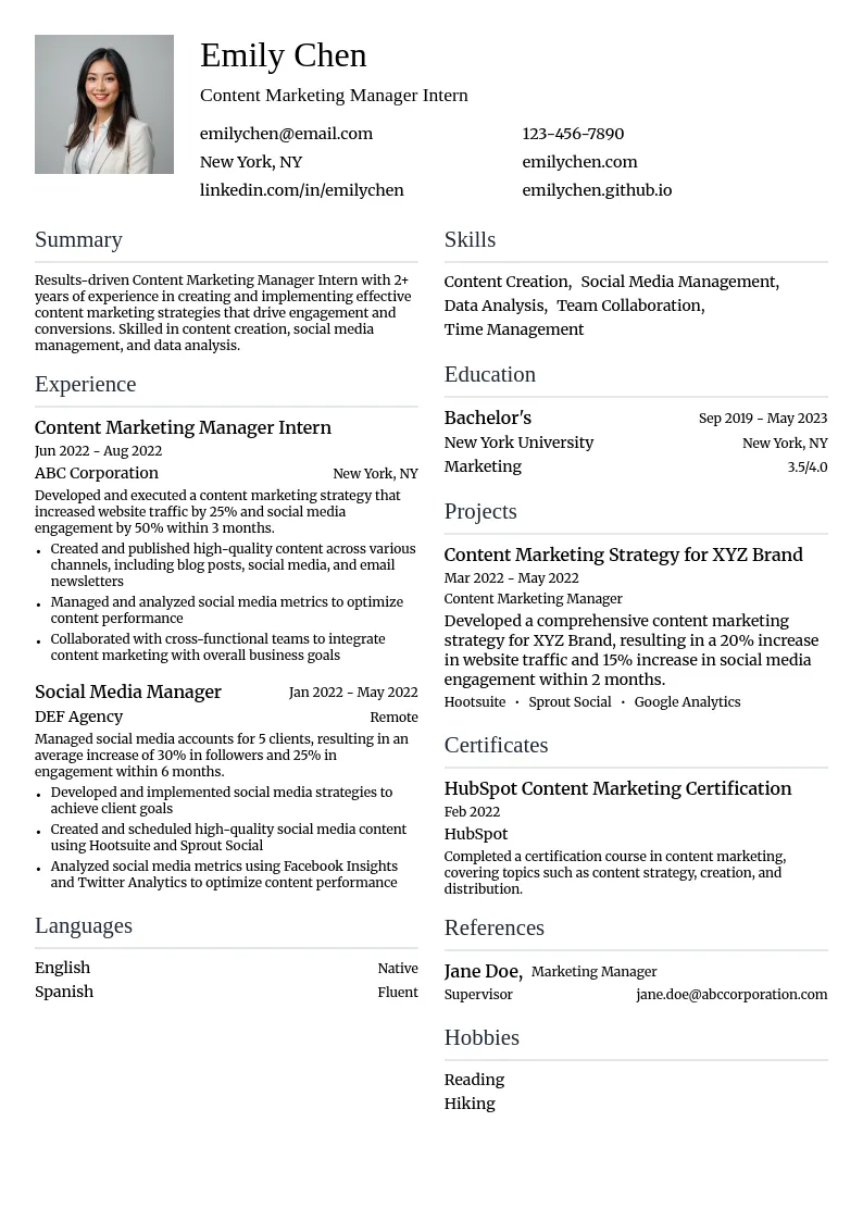 Content Marketing Manager Intern resume example