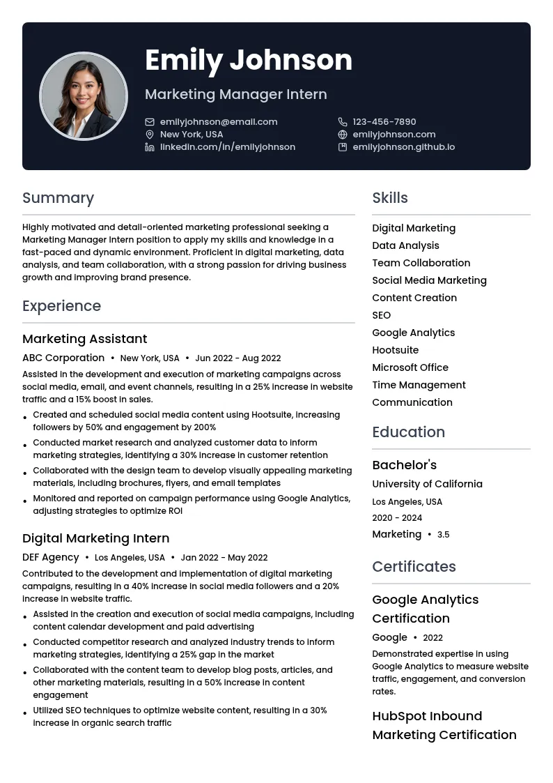 Marketing Manager Intern resume example