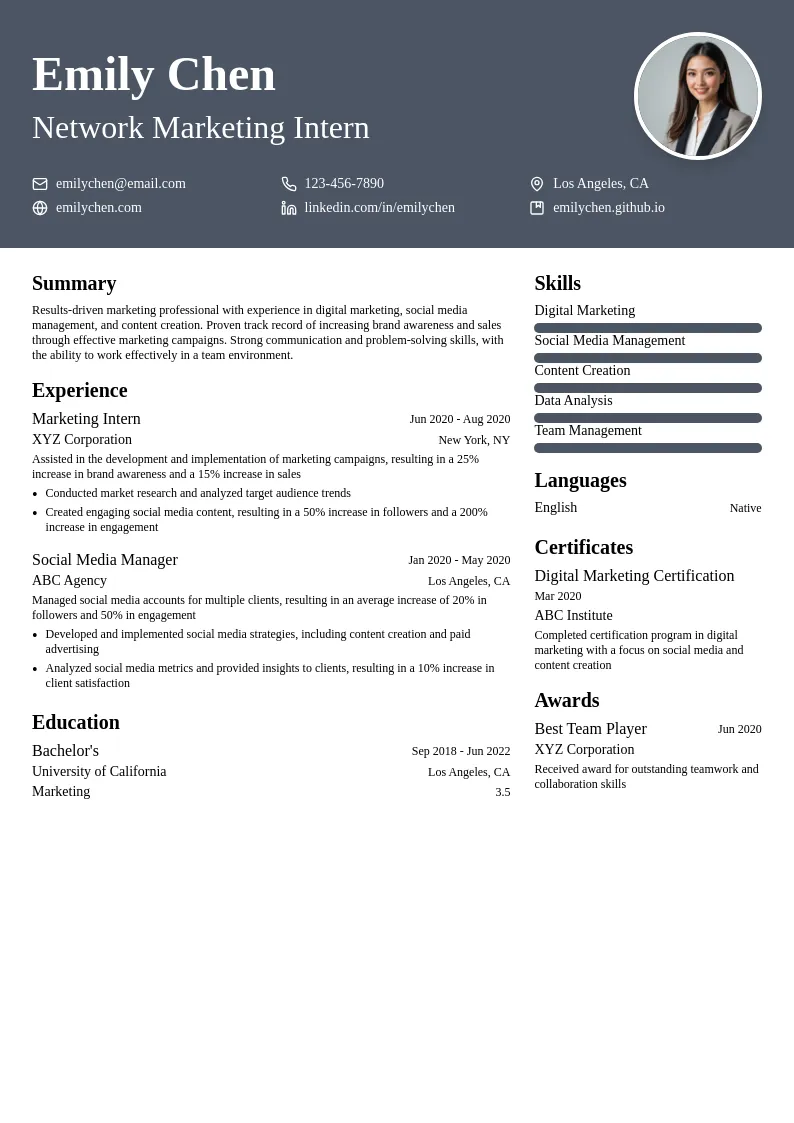 Network Marketing Intern resume example