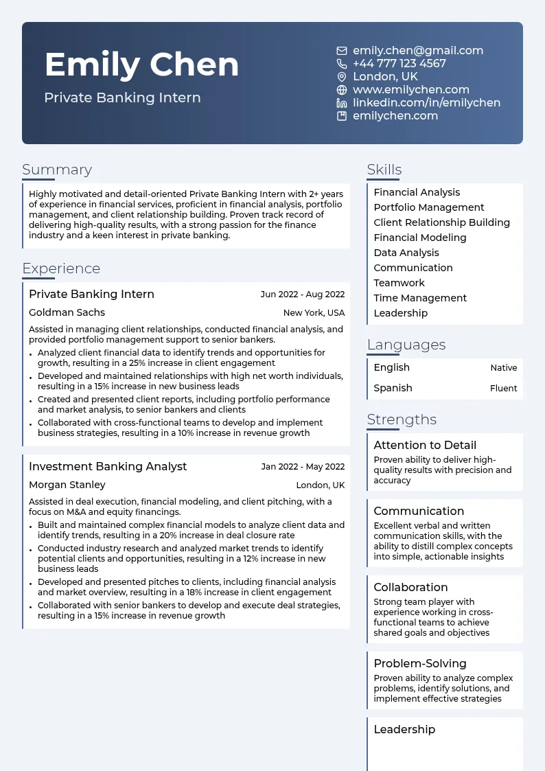 Private Banking Intern resume example