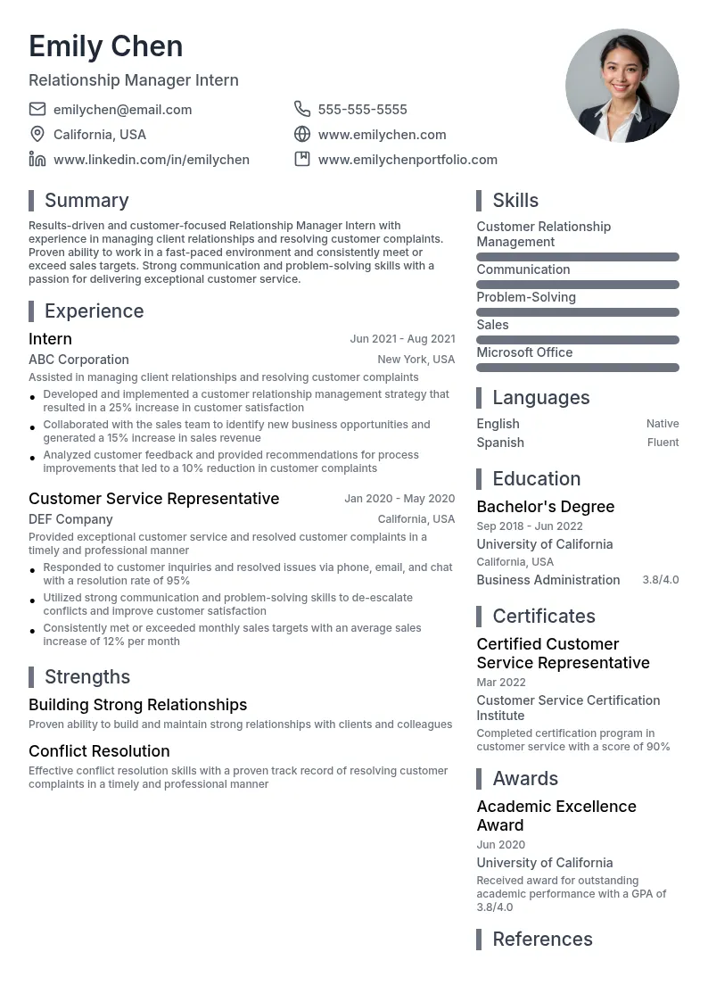 Relationship Manager Intern resume example