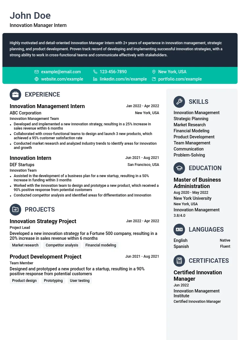 Innovation Manager Intern resume example