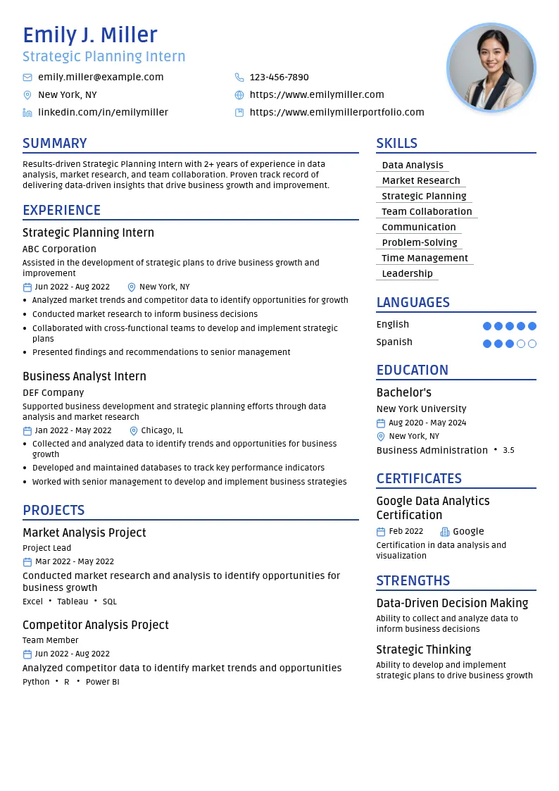 Strategic Planning Intern resume example