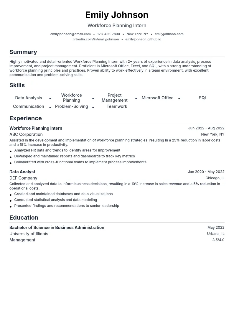 Workforce Planning Intern resume example