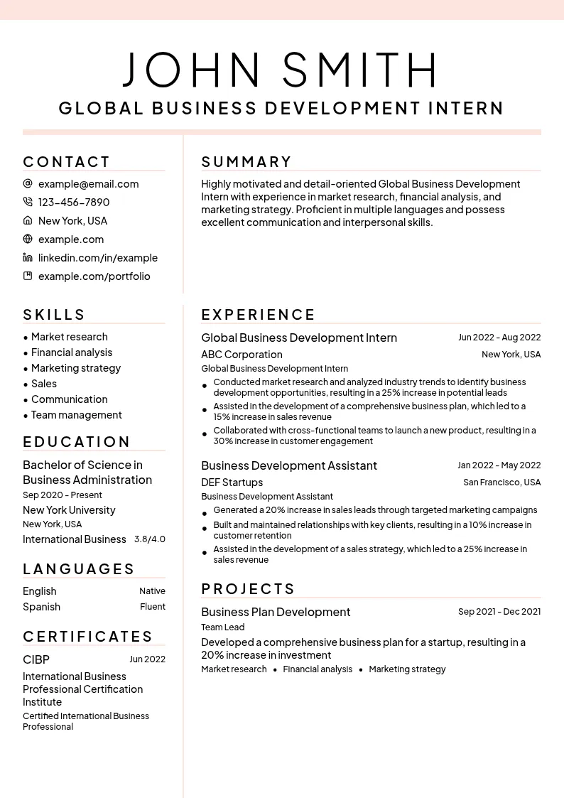 Global Business Development Intern resume example