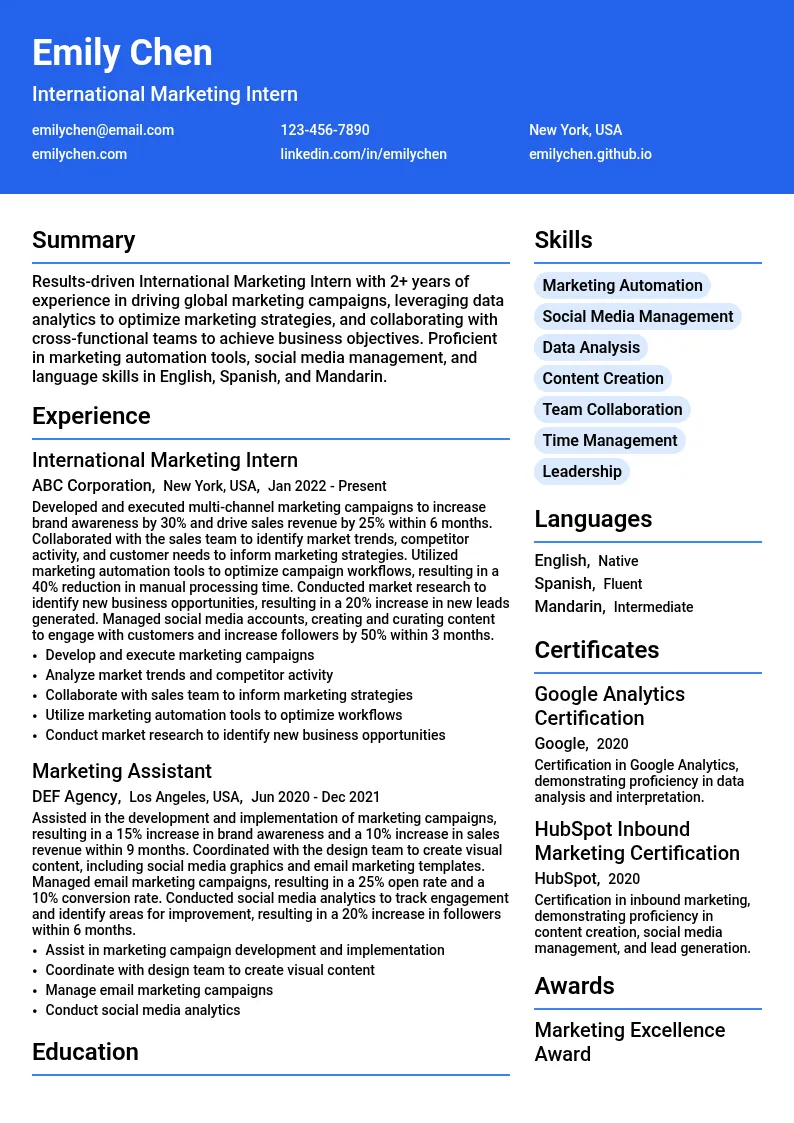International Marketing Int resume example