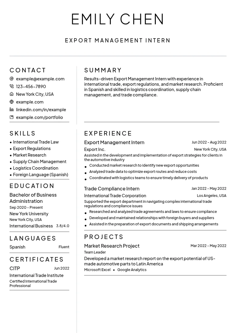 Export Management Intern resume example